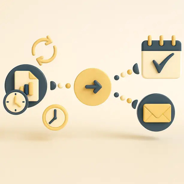 Ilustración 3D de automatización de procesos empresariales con inteligencia artificial y no-code para pymes.