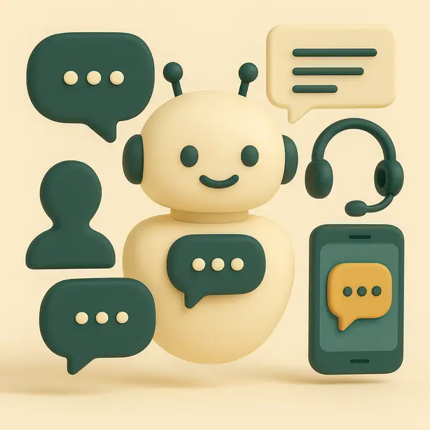 Imagen 3D de chatbot multicanal integrado en WhatsApp, Instagram y web para atención al cliente 24/7.