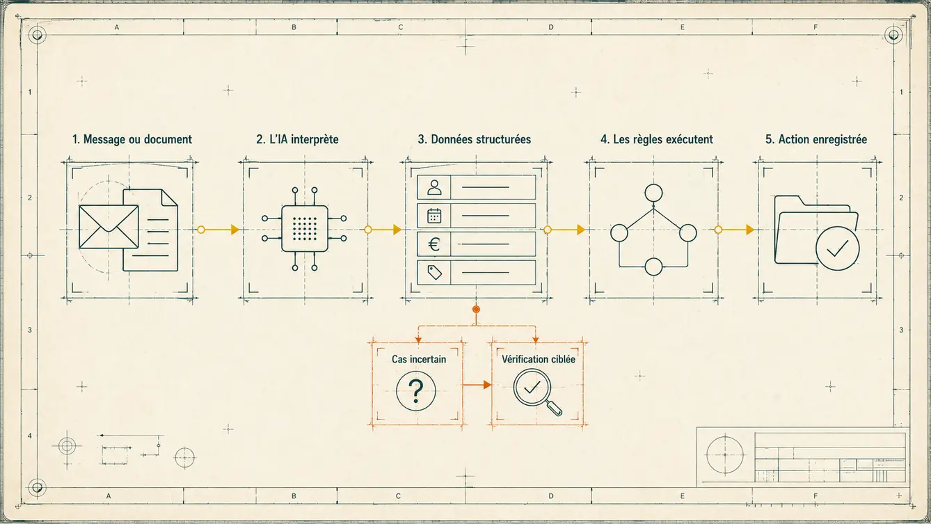 Plan montrant comment l’IA interprète les informations avant l’exécution de règles fixes.