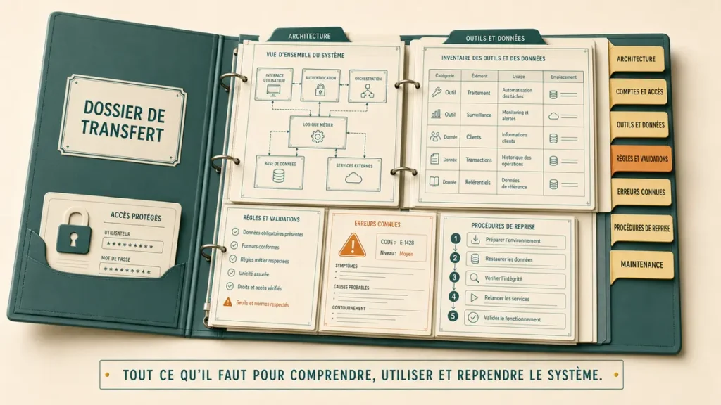 Dossier de transfert contenant l’architecture, les accès, les outils, les règles, les erreurs et les procédures de reprise du système.