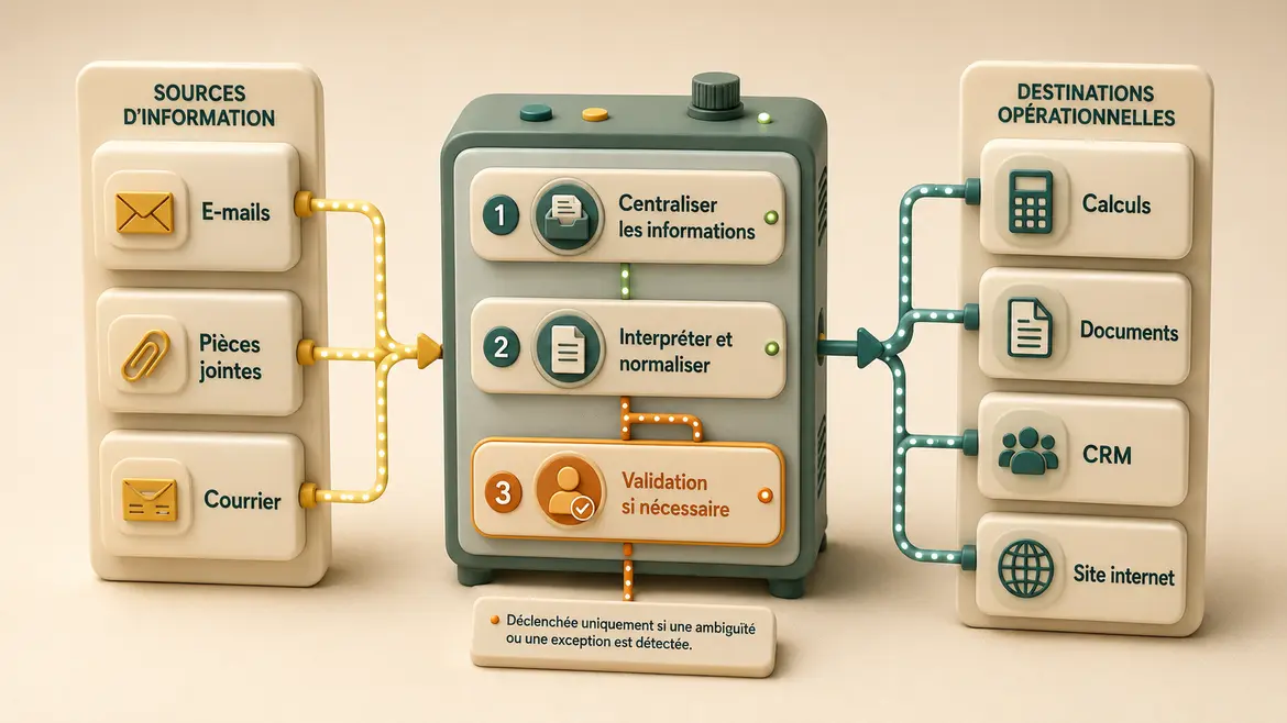 Schéma d’un service d’automatisation reliant e-mails, pièces jointes et courriers aux documents, calculs, CRM et site internet.