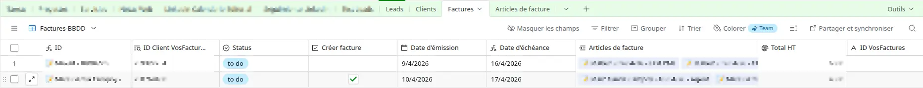 declenchement-automatisation-facturation-airtable Case Créer facture cochée dans Airtable pour déclencher l’automatisation de la facturation client
