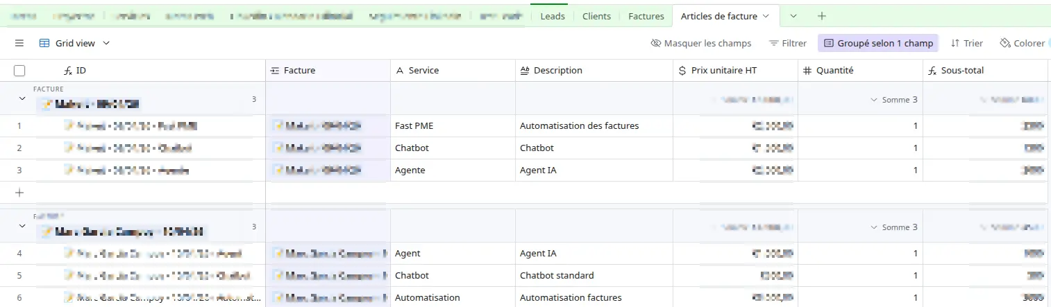 lignes-facturation-airtable Lignes de facturation dans Airtable avec service, description, prix, quantité et sous-total
