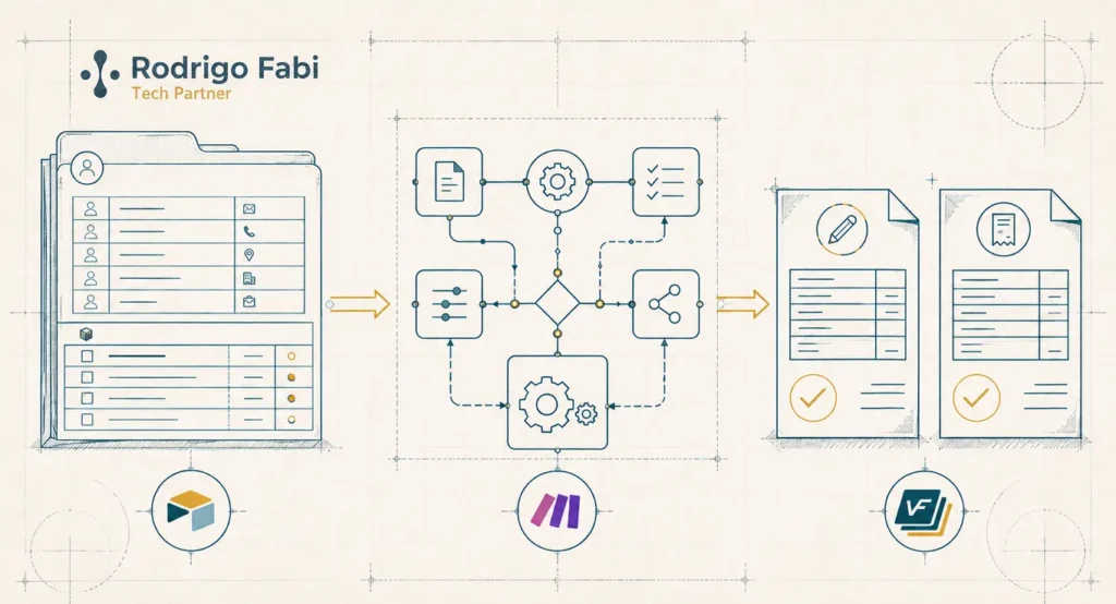 Schéma d’automatisation de la facturation client reliant Airtable, Make et VosFactures