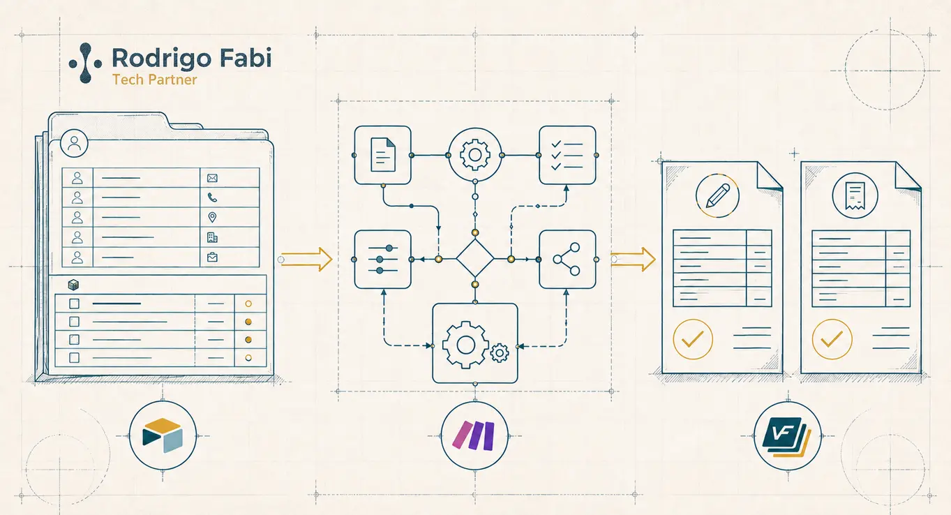 workflow-automatisation-de-la-facturation-client Schéma d’automatisation de la facturation client reliant Airtable, Make et VosFactures